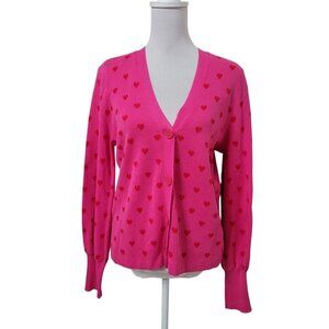 CeCe Size M Pink with Red Heart Print Cardigan Sweater, NEW with Tag